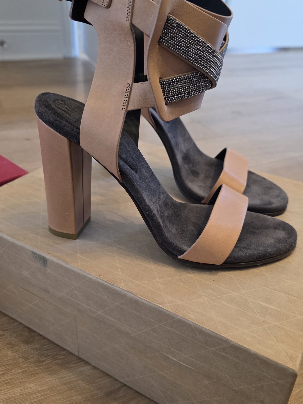 Brunello Cucinelli Blush Leather Block Heel Sandals with Crystal Straps - Picture 8 of 10